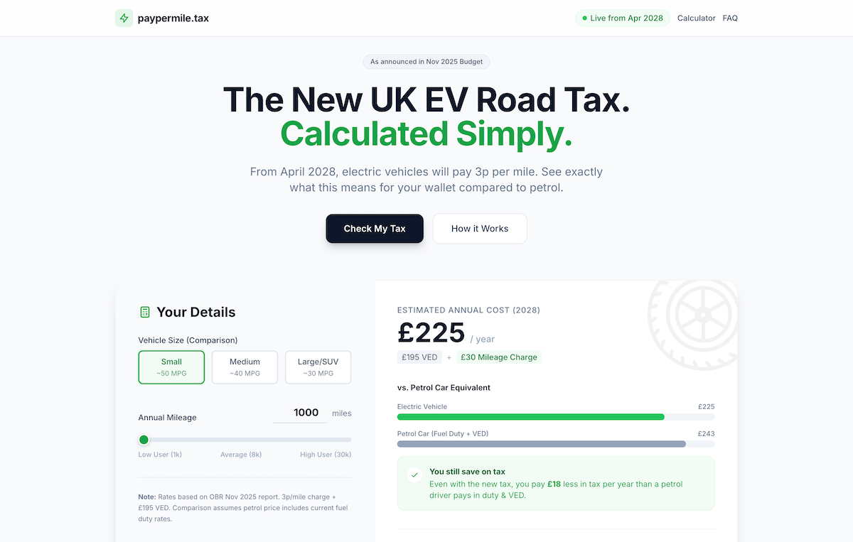 3p Per Mile Tax Calculator | UK Electric Car Road Tax 2028